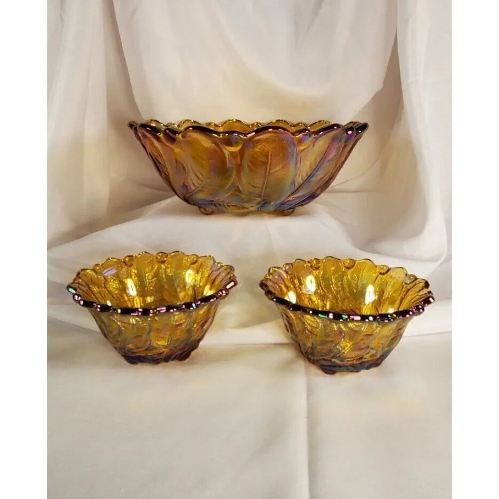 Vtg Indiana Glass Iridescent Gold Carnival Glass #1211 3pc Console Set Footed - Picture 3 of 13